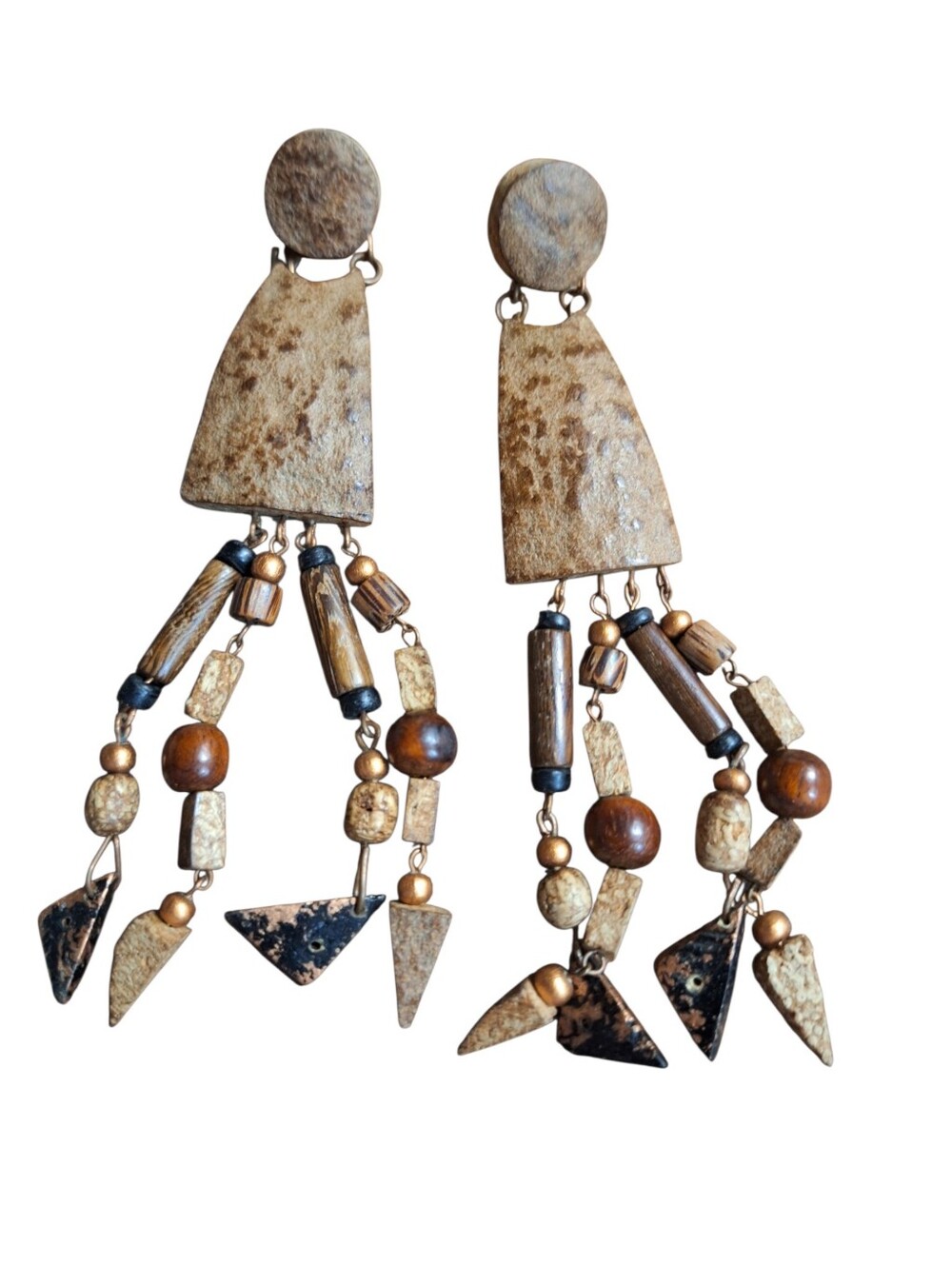 Boho Natural Dangle Earrings Tribal Coconut Shell Statement Handmade Exotic